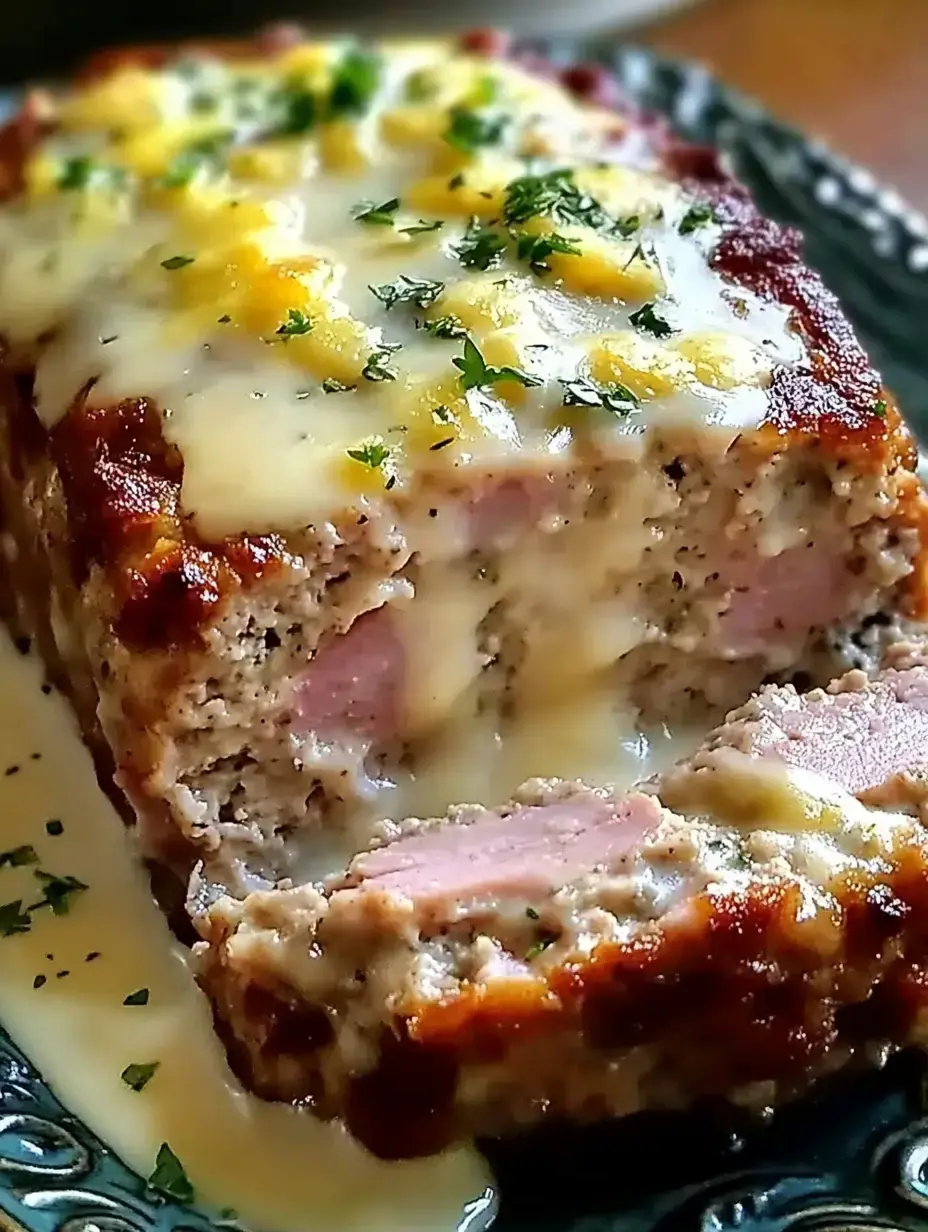 Un pain de viande savoureux garni de fromage fondu et de persil, montrant une tranche avec du jambon à l'intérieur.