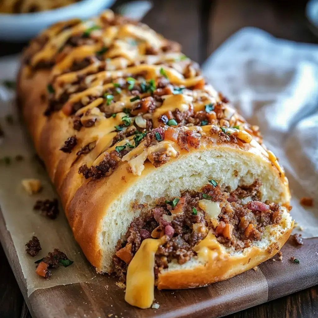Un pain au beurre tranché rempli de viande hachée et fromage, garni d'herbes vertes, posé sur une planche à découper en bois.