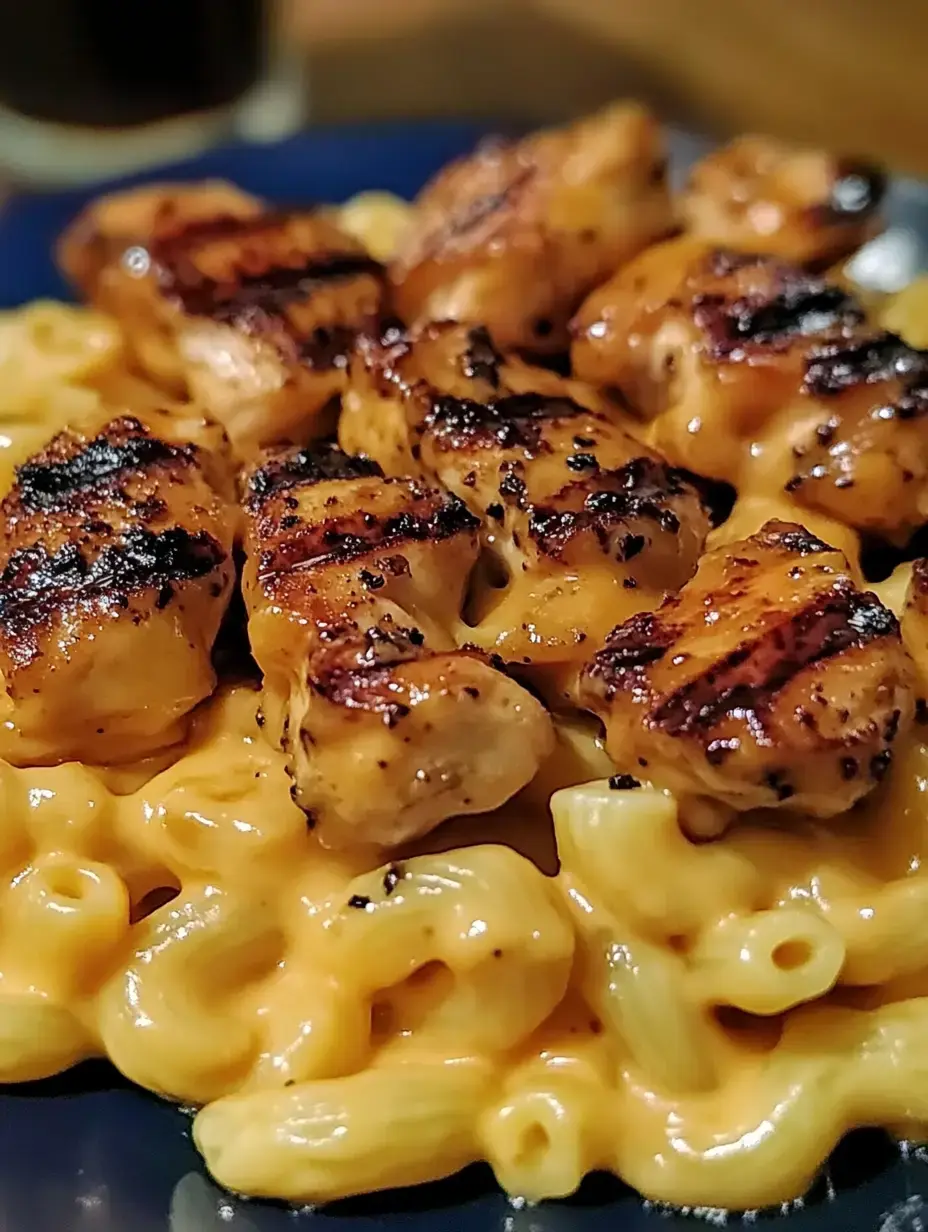 Une assiette de macaronis au fromage crémeux garnie de morceaux de poulet grillé.