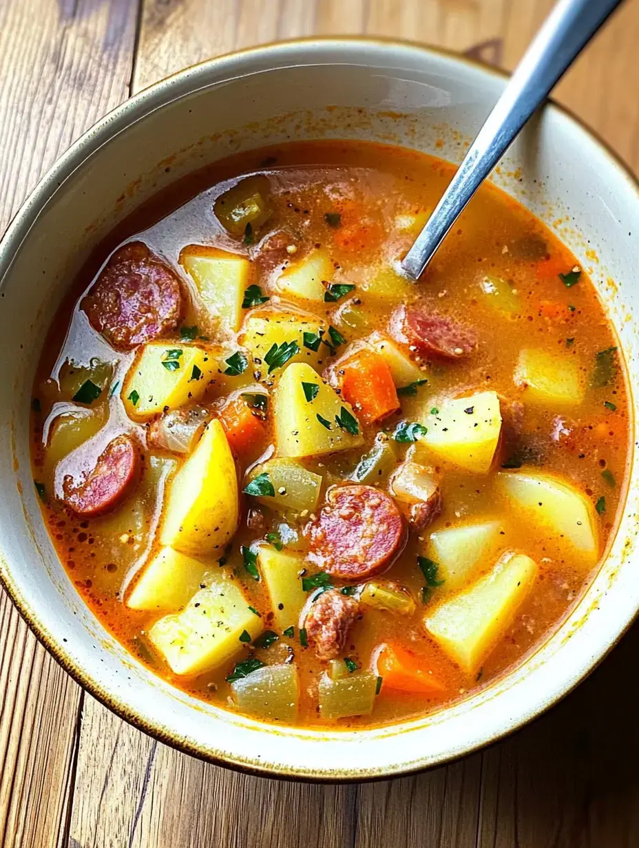Un bol généreux de soupe avec pommes de terre en dés, carottes, céleri et tranches de saucisse, garni d'herbes vertes, posé sur une table en bois.