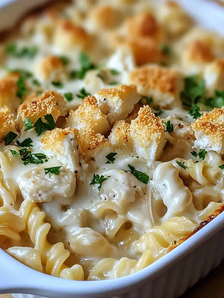 Vue rapprochée d'un gratin de pâtes crémeux garni de chapelure dorée et de persil haché.