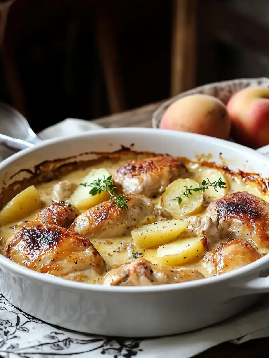 Un plat crémeux de poulet à la peau dorée, garni de thym et servi avec des tranches de pommes de terre, dans un plat blanc avec des pêches fraîches à côté.