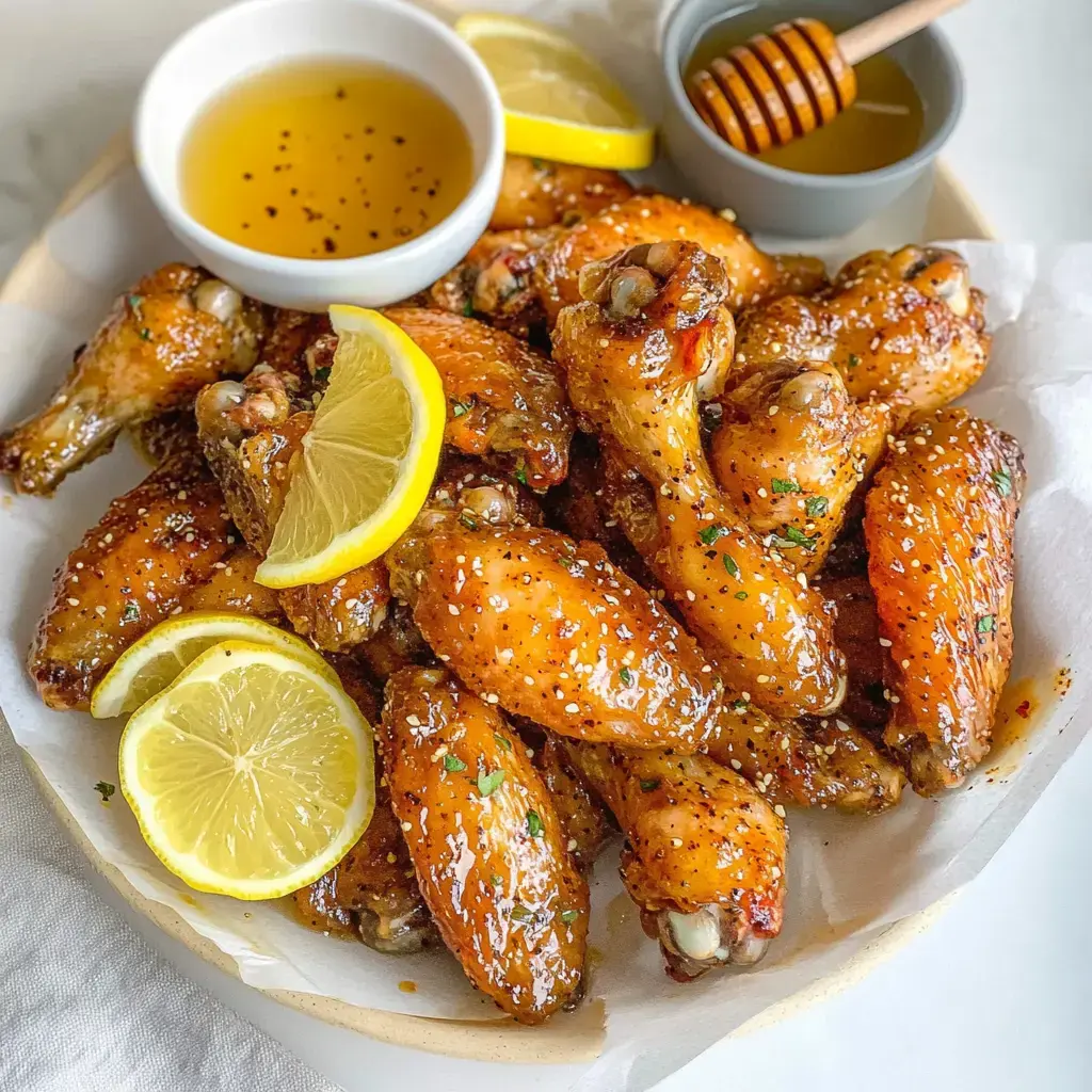 Un plateau d'ailes de poulet luisantes glacées au miel, garni de tranches de citron et accompagné de petits bols de sauce et de miel.