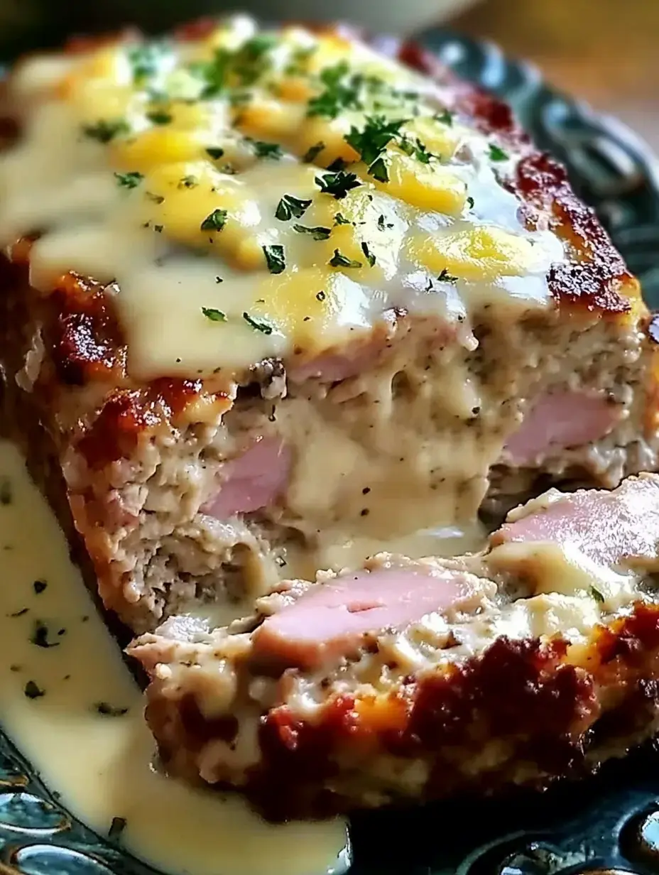 Une tranche de pain de viande garnie de fromage fondu, de morceaux de fromage jaune et de persil, servie avec une sauce crémeuse.