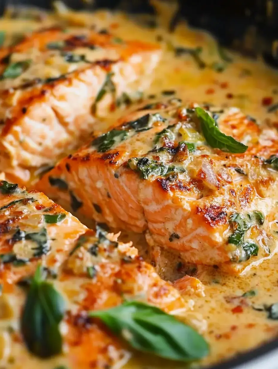 Un gros plan de filets de saumon grillés dans une sauce crémeuse, garnis de feuilles de basilic frais.
