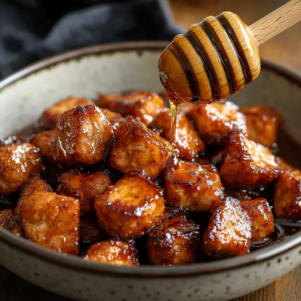 Un bol de cubes de nourriture caramélisés, probablement un dessert, arrosés de miel.