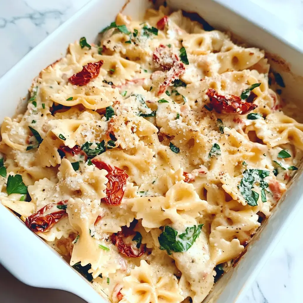 Un plat de pâtes cuites au four avec des nouilles papillon, des tomates séchées et du persil frais, garni de fromage.