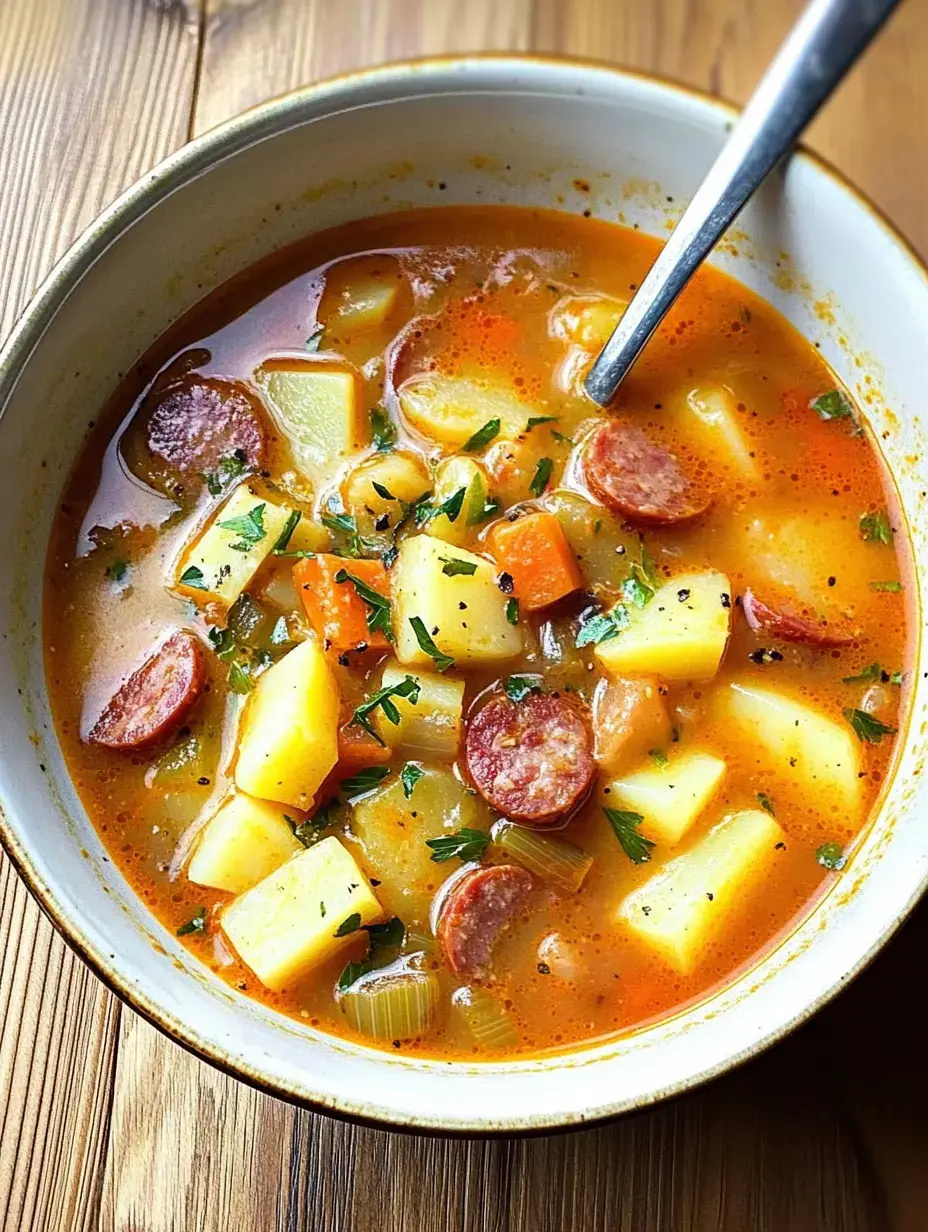 Un bol de soupe copieuse contenant des pommes de terre, carottes, céleri et tranches de saucisse, garni d'herbes fraîches.