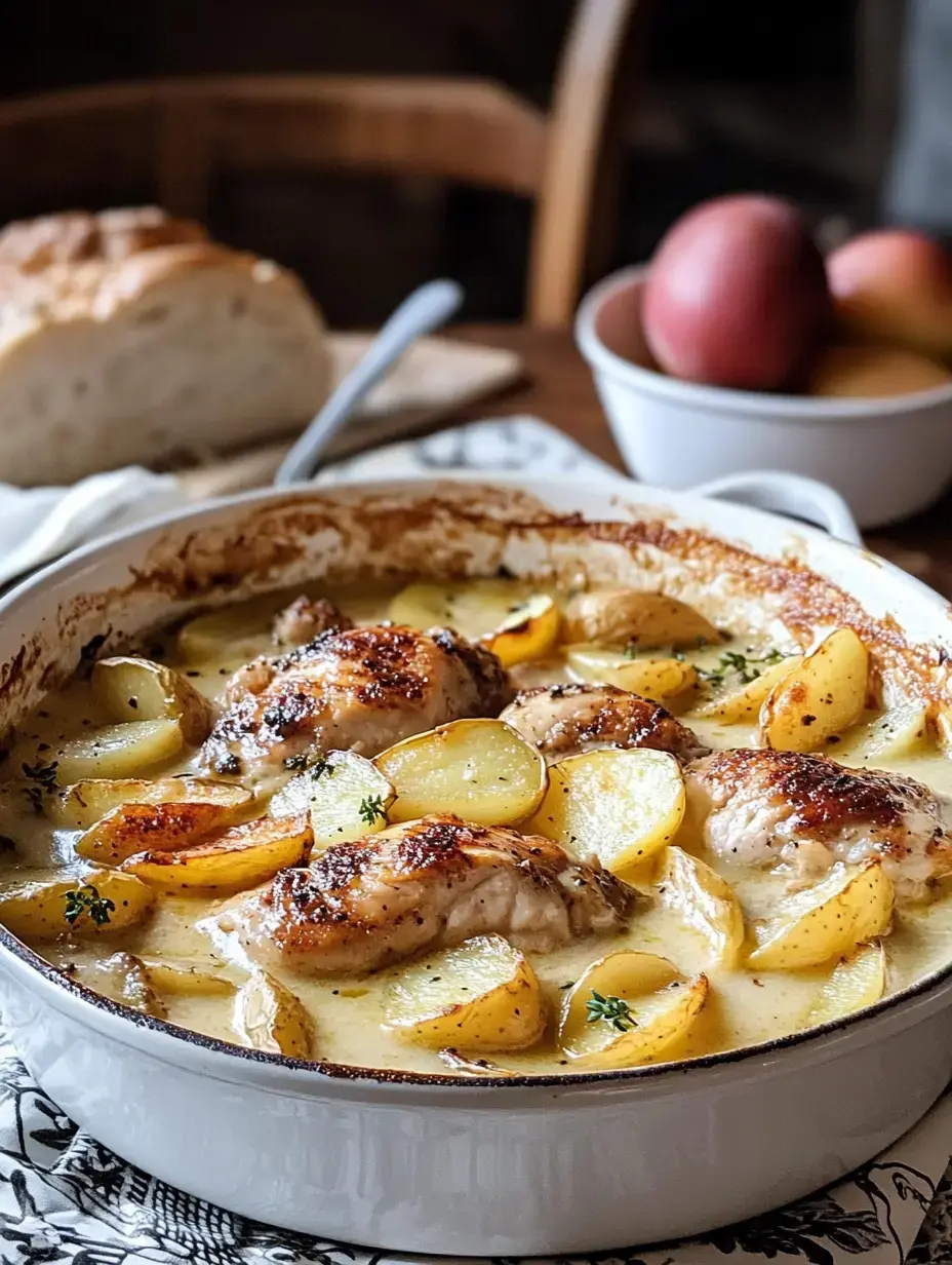 Un copieux plat de poulet rôti et pommes de terre dorées servi dans un plat blanc, avec une miche de pain et des pommes en arrière-plan sur une table en bois.