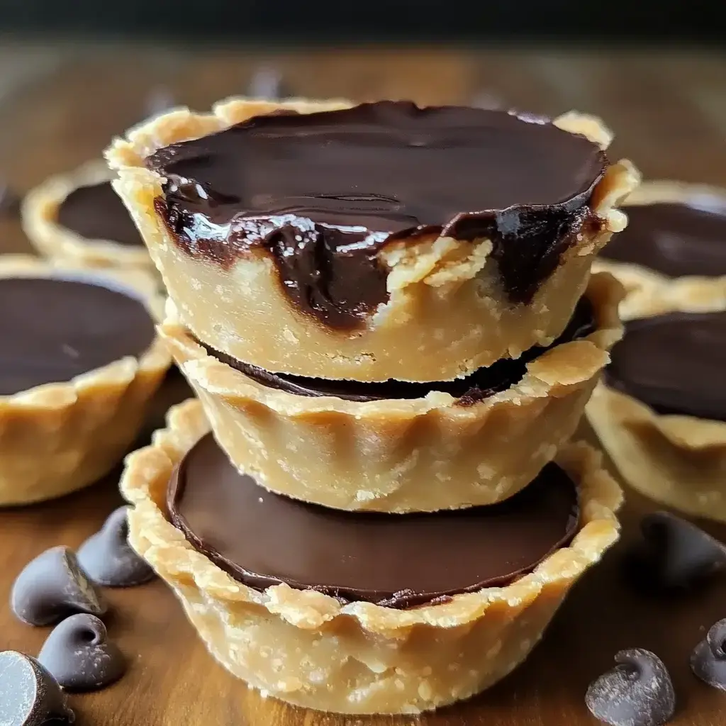 Une pile de trois mini coupes à dessert remplies de ganache au chocolat, entourées de coupes supplémentaires et de pépites de chocolat sur une surface en bois.