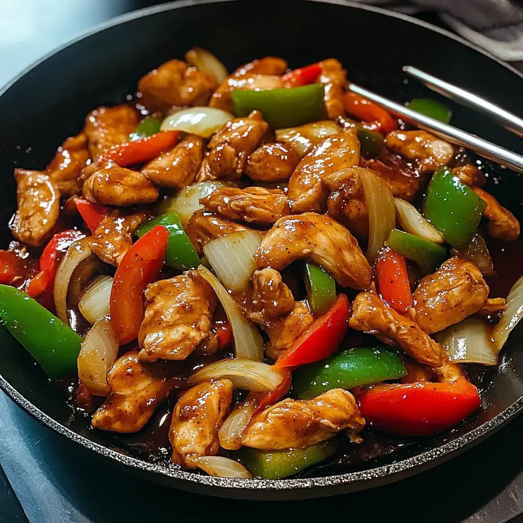 Une poêle remplie de morceaux de poulet, poivrons rouges et verts, et oignons dans une savoureuse sauce brune.