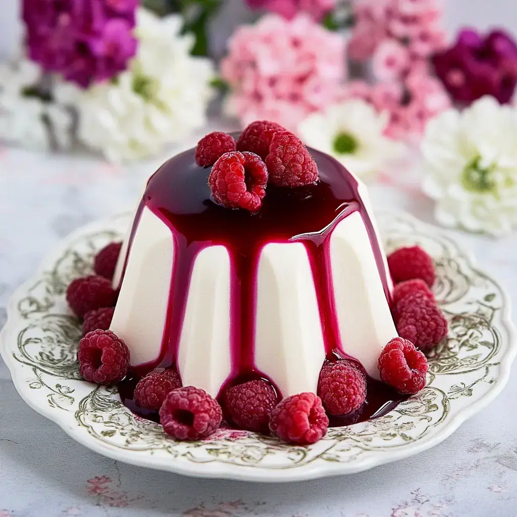 Un bavarois crémeux nappé de coulis de framboise et de framboises fraîches posé sur une assiette décorative entourée de fleurs.