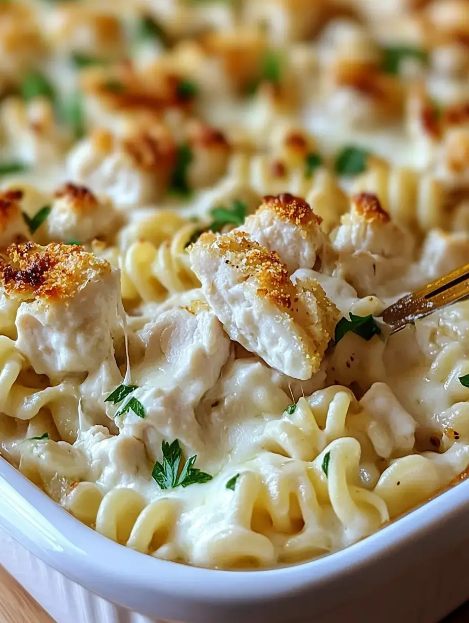 Un plat de pâtes crémeuses avec des fusilli, des morceaux de poulet et une garniture de chapelure dorée, décoré de persil.