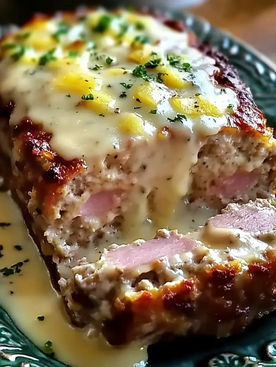 Un pain de viande tranché nappé de sauce crémeuse et garni de persil et de garnitures jaunes.