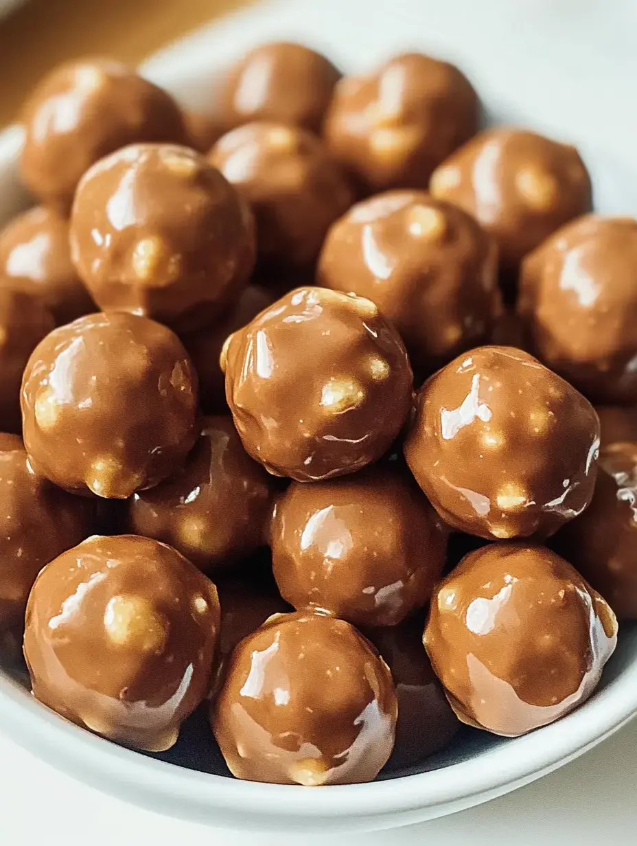 Une image en gros plan d'un bol rempli de friandises rondes enrobées de chocolat, avec un enrobage brun brillant et des morceaux croquants visibles à l'intérieur.