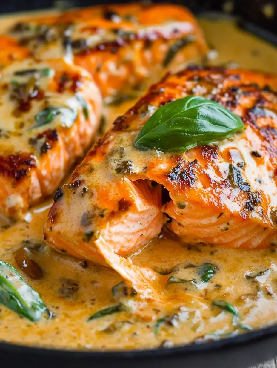 Un gros plan de filets de saumon cuits dans une sauce crémeuse, garnis d'une feuille de basilic frais et entourés d'herbes vertes.