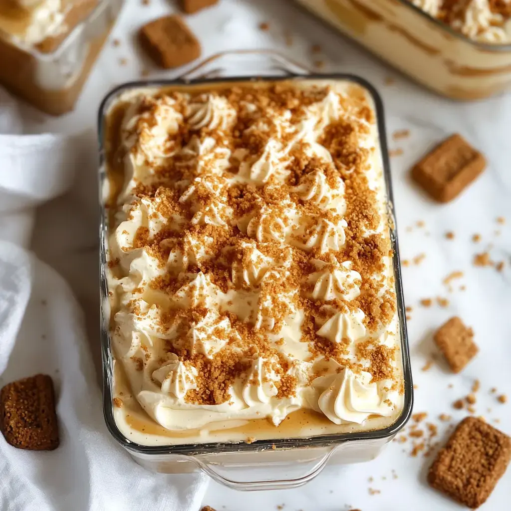 Un plat en verre de dessert en couches garni de crème fouettée et de miettes de biscuits écrasés, entouré de biscuits éparpillés.