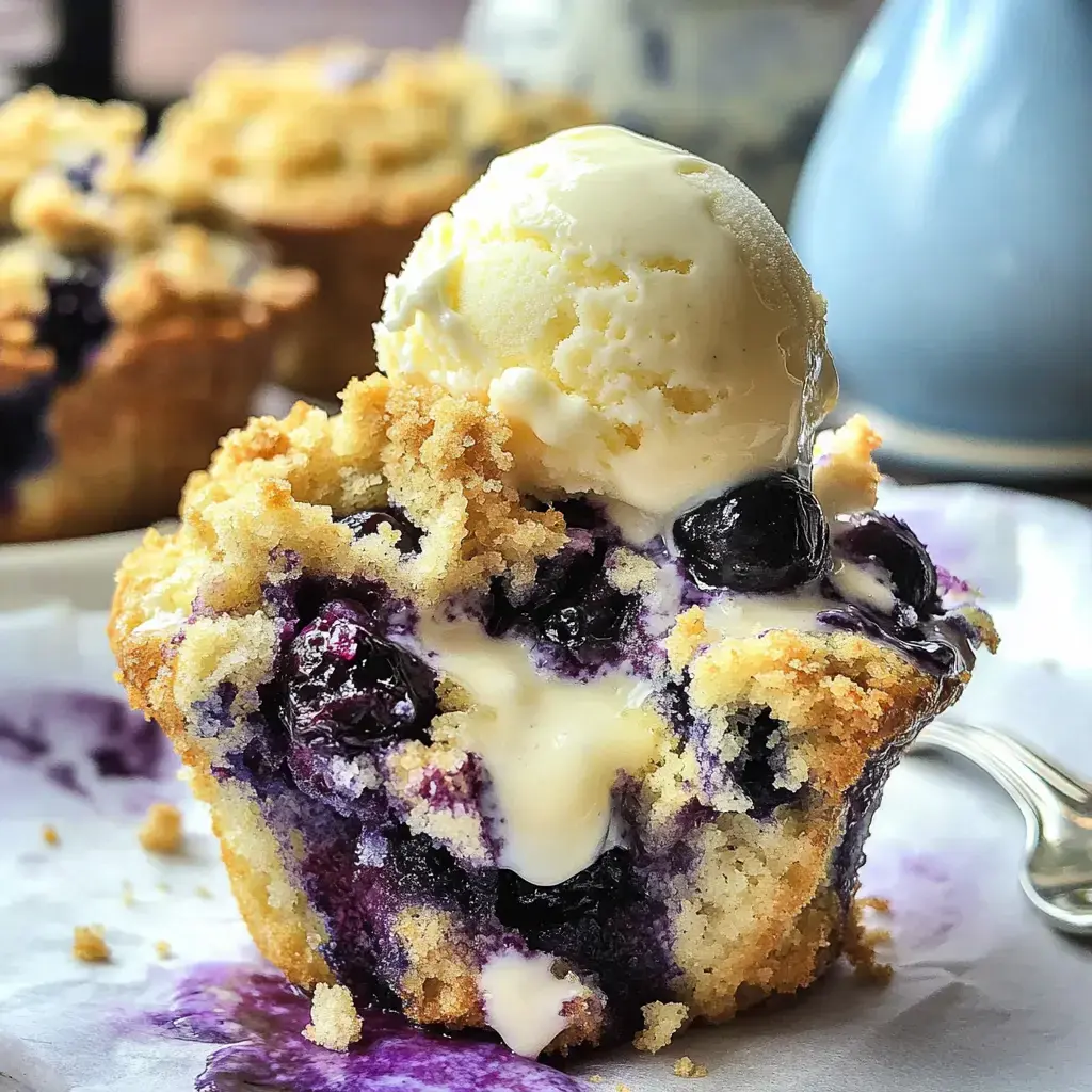 Gros plan d'un muffin aux myrtilles surmonté d'une boule de glace vanille, révélant un intérieur moelleux rempli de myrtilles et de crème.