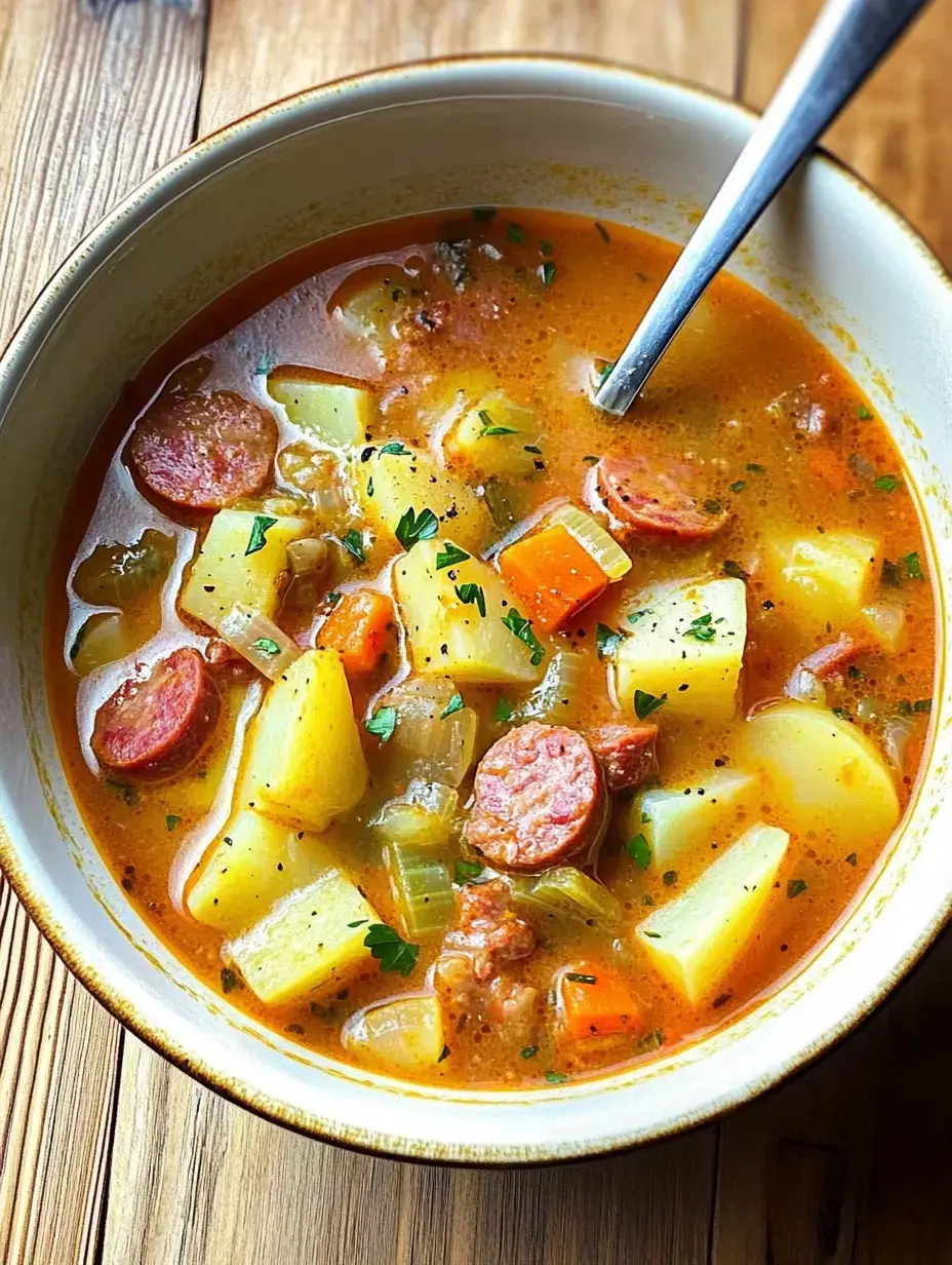 Un bol de soupe généreuse remplie de pommes de terre, carottes, saucisse et herbes, posé sur une table en bois.