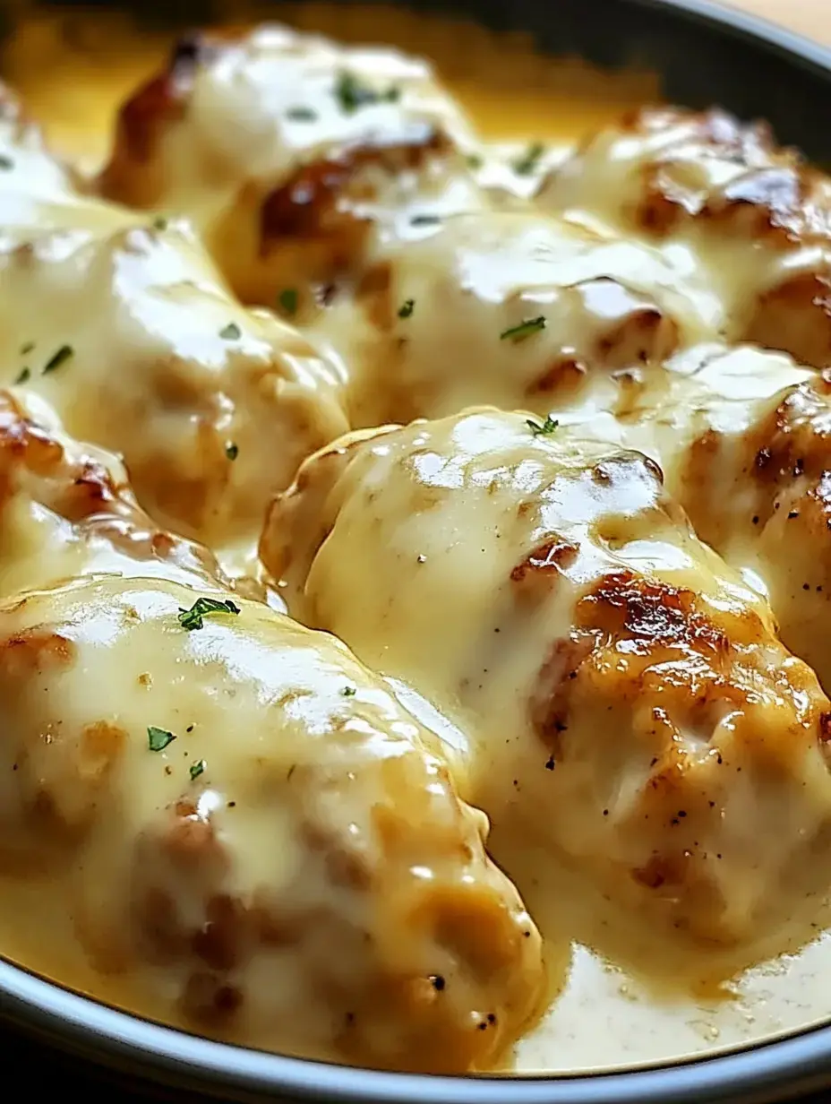 Un gros plan de boulettes tendres garnies de fromage fondu et de persil, servies dans une sauce crémeuse.