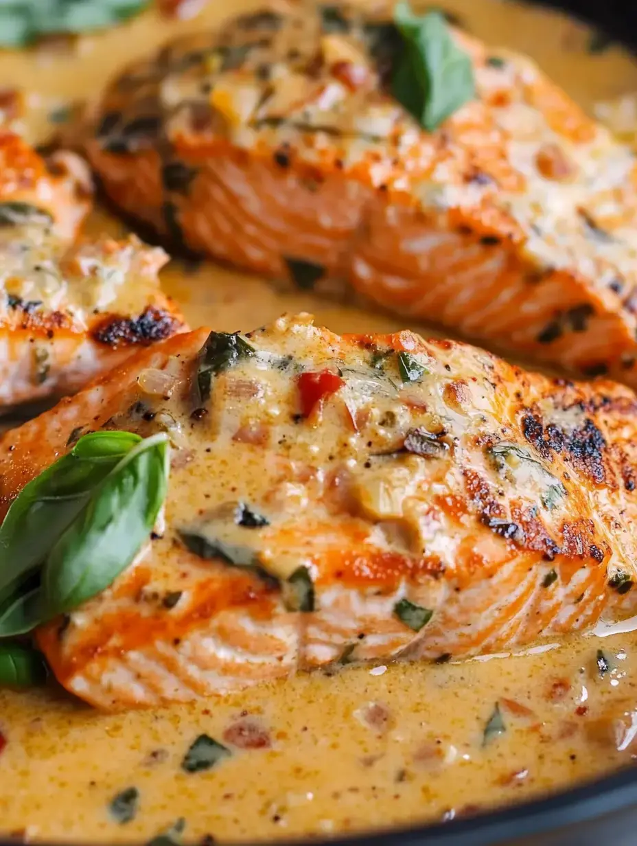 Un gros plan de filets de saumon parfaitement cuits nappés d'une sauce crémeuse et garnis de feuilles de basilic frais.