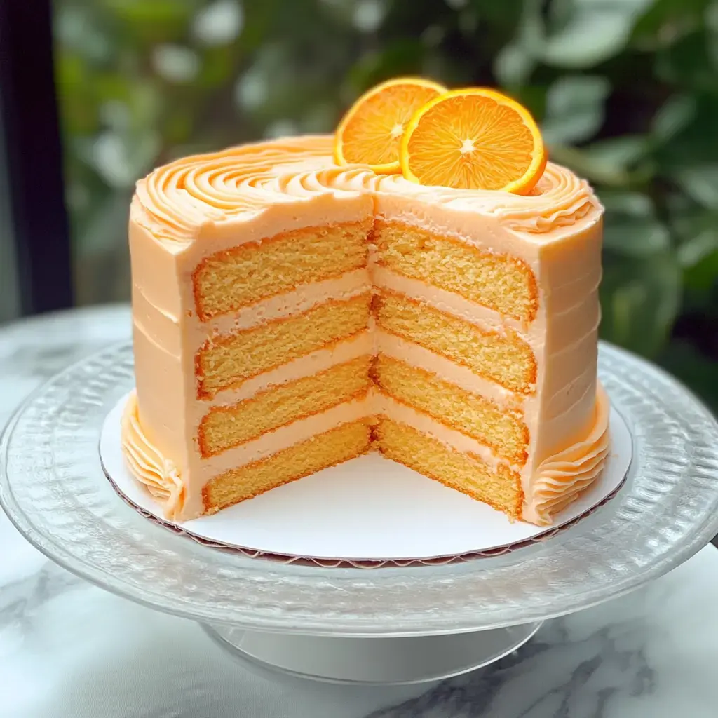 Un gâteau à étages avec glaçage orange et deux tranches d'orange sur le dessus, montrant plusieurs couches de gâteau jaune et de glaçage.
