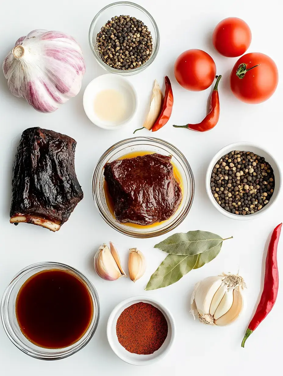 Un assortiment de tomates fraîches, d'ail, diverses épices, feuilles de laurier, et deux morceaux de viande disposés sur un fond blanc.