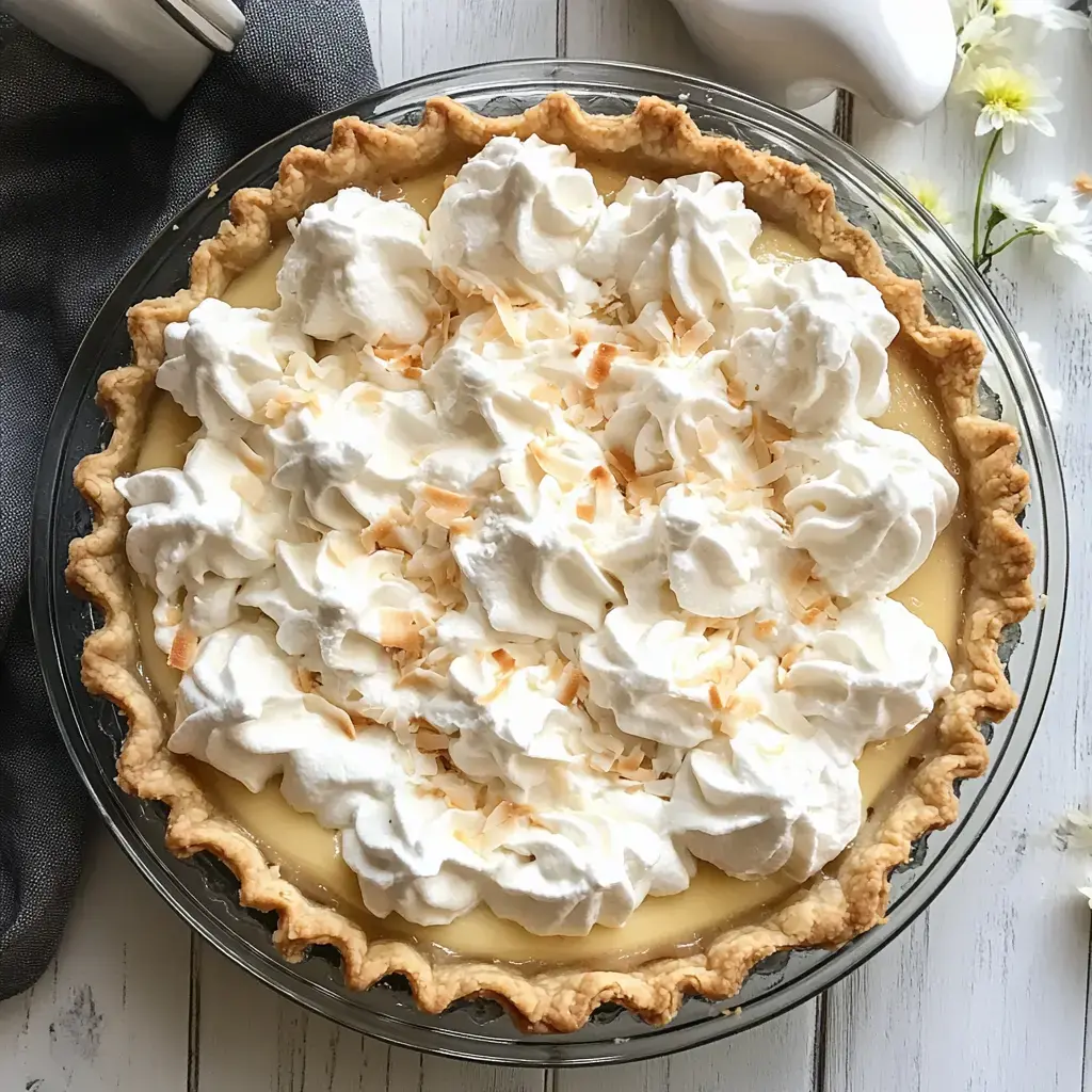 Une délicieuse tarte à la crème de coco garnie de crème fouettée et de flocons de noix de coco grillés dans un plat à tarte en verre.