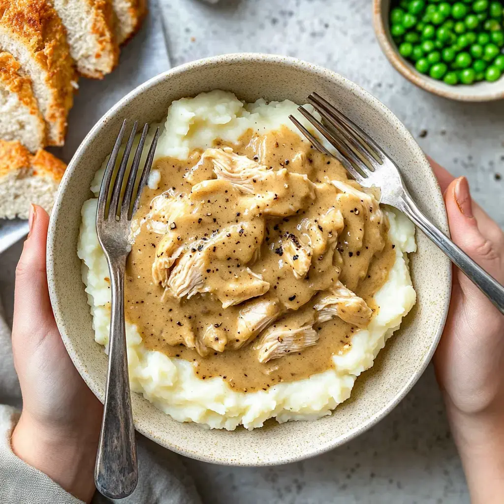 Une personne tient un bol de sauce crémeuse au poulet sur une purée de pommes de terre moelleuse, accompagné de tranches de pain et d'un petit bol de petits pois verts.