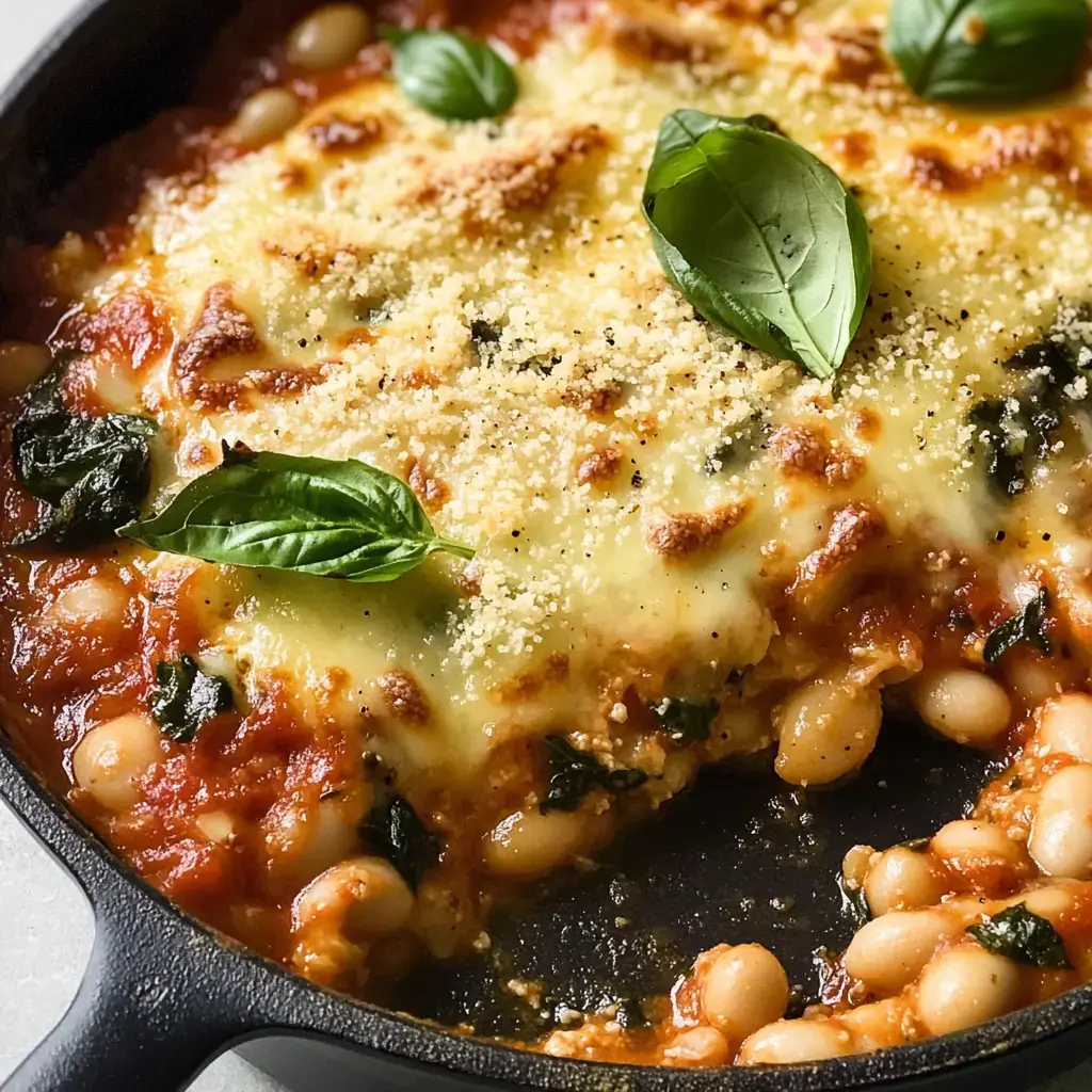 Un gros plan d'un plat cuit au four avec des haricots dans une riche sauce tomate, garni de fromage fondu, d'herbes et d'une pincée de chapelure.