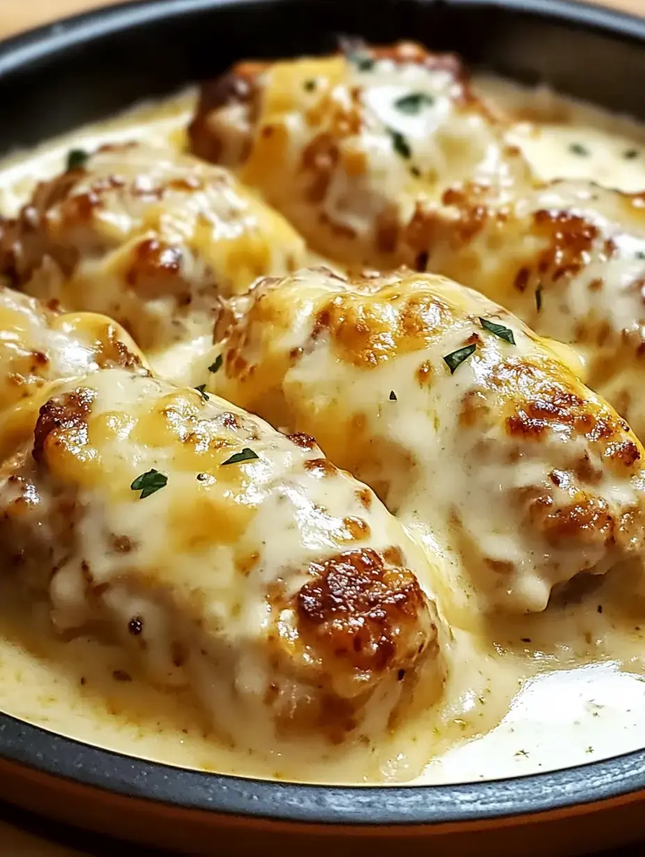 Un gros plan de boulettes dorées recouvertes d'une sauce crémeuse au fromage, garnies d'herbes vertes, servies dans un bol noir.