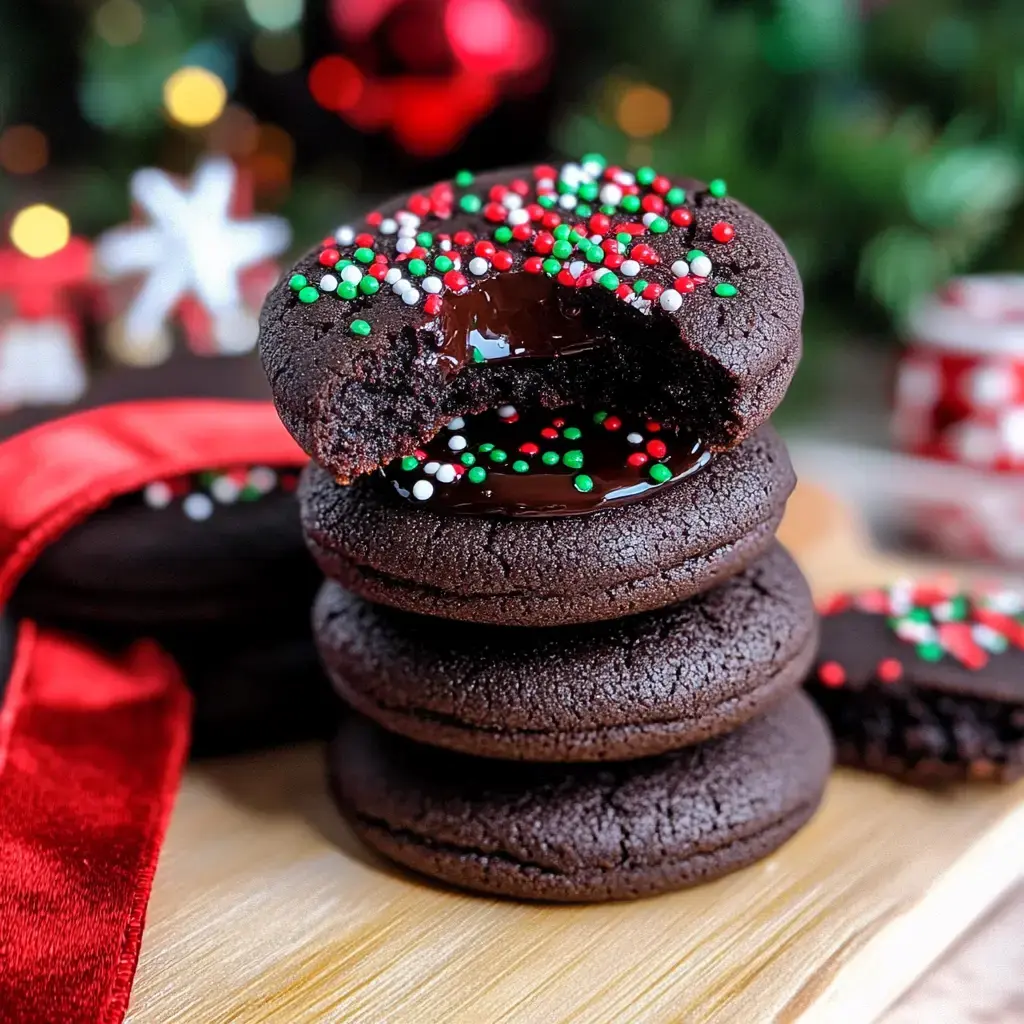 Une pile de biscuits au chocolat garnis de vermicelles rouges, verts et blancs festifs, avec un biscuit montrant un centre fondant au chocolat.