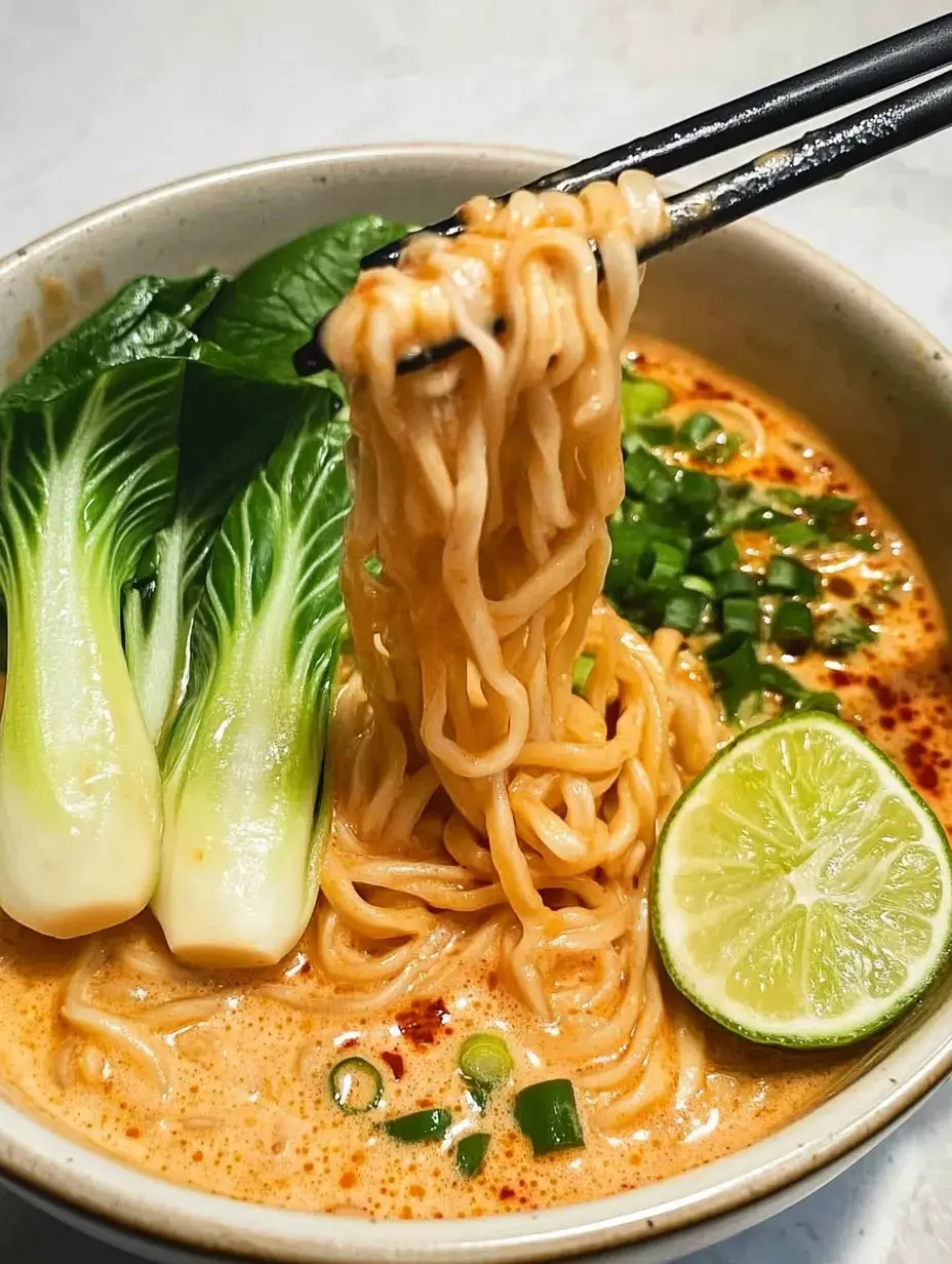 Un bol de nouilles crémeuses garnies de pak choï, oignons verts et quartier de citron vert, avec des baguettes soulevant quelques nouilles.