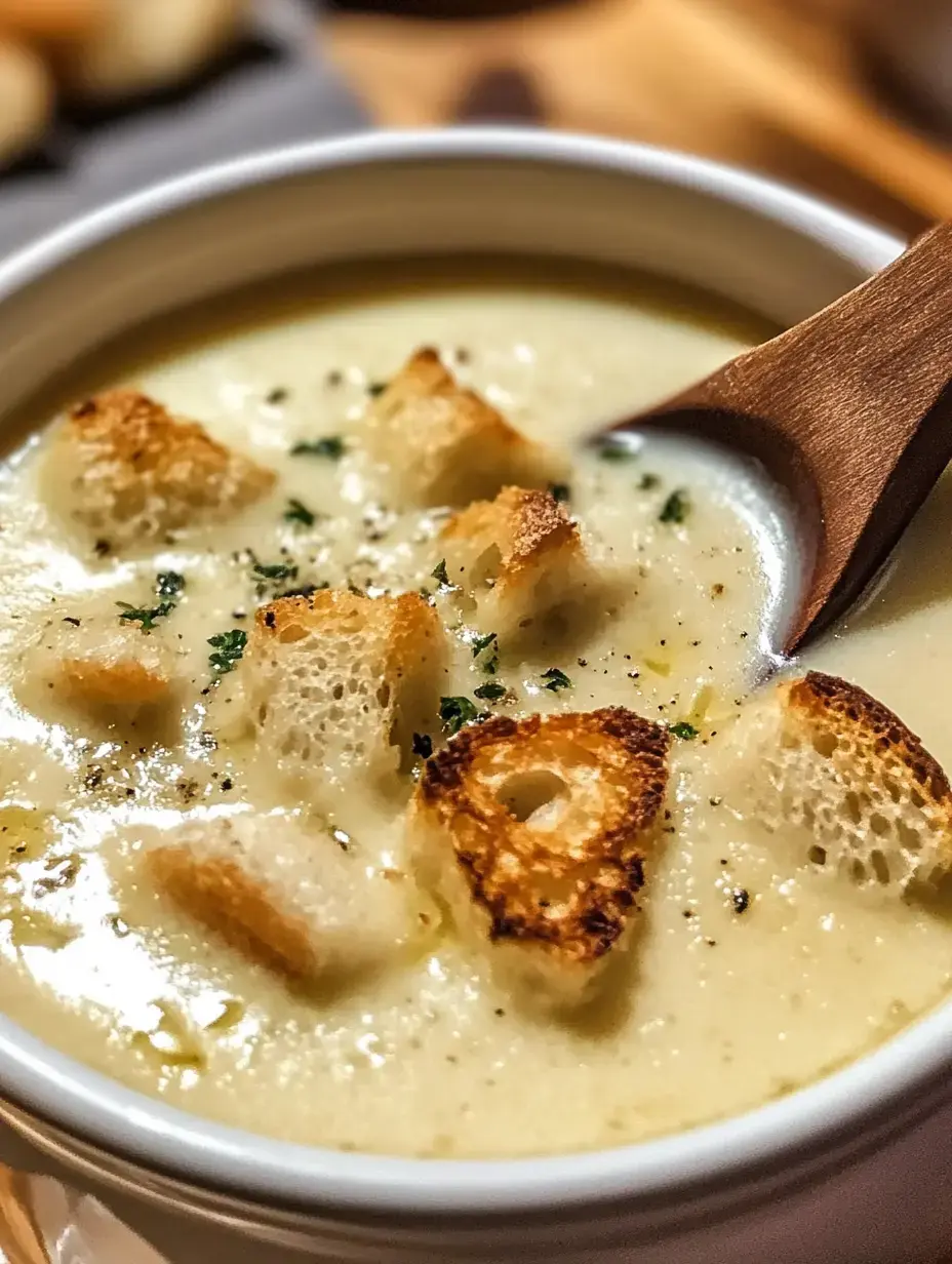 Un bol de soupe crémeuse garnie de croûtons dorés et d'herbes fraîches, accompagné d'une cuillère en bois.