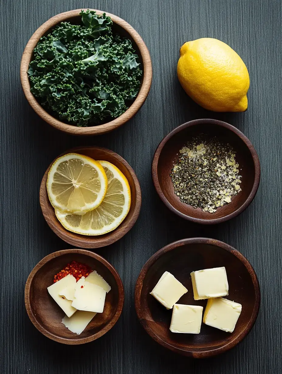 Un bol en bois rempli de chou frisé entouré de bols contenant des tranches de citron, des cubes de beurre, des flocons de piment rouge et un mélange d'épices, avec un citron entier à proximité.