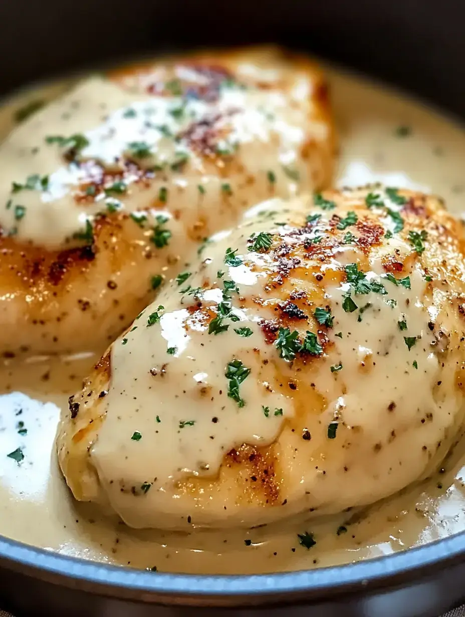 Deux blancs de poulet juteux nappés d'une sauce blanche crémeuse et garnis de persil.
