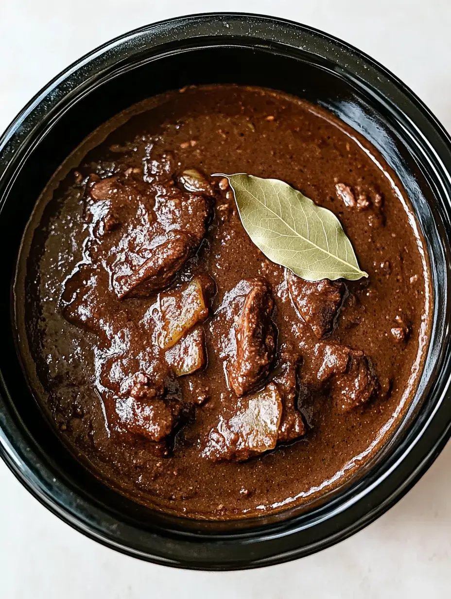 Une vue rapprochée d'un ragoût riche et foncé avec des morceaux de viande et une feuille de laurier sur le dessus.