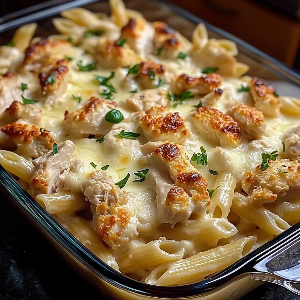 Un plat de pâtes crémeuses gratinées garni de morceaux de poulet grillés dorés et parsemé d'herbes vertes.