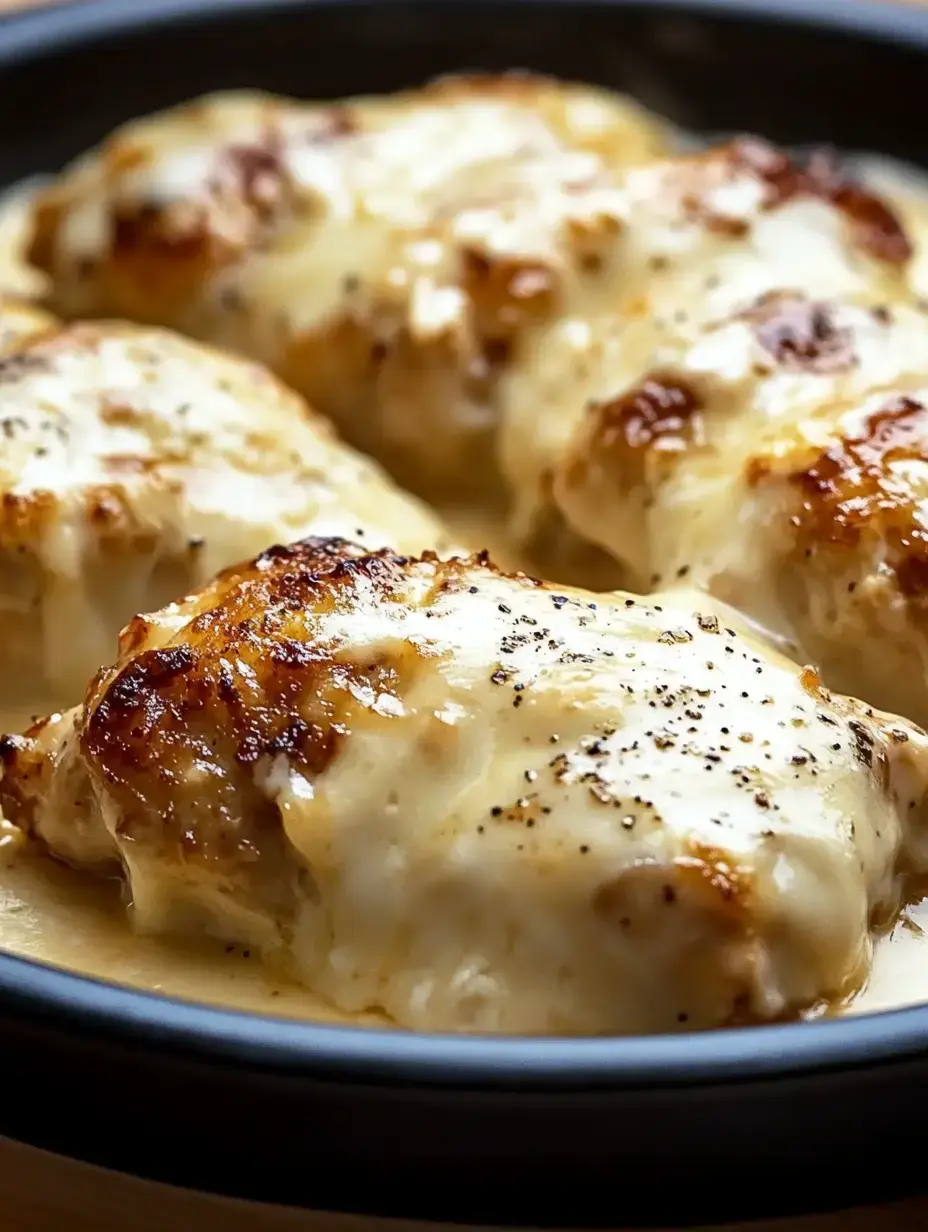Gros plan de quatre morceaux de poulet cuit recouverts de fromage fondu et de poivre noir, servis dans un plat foncé.