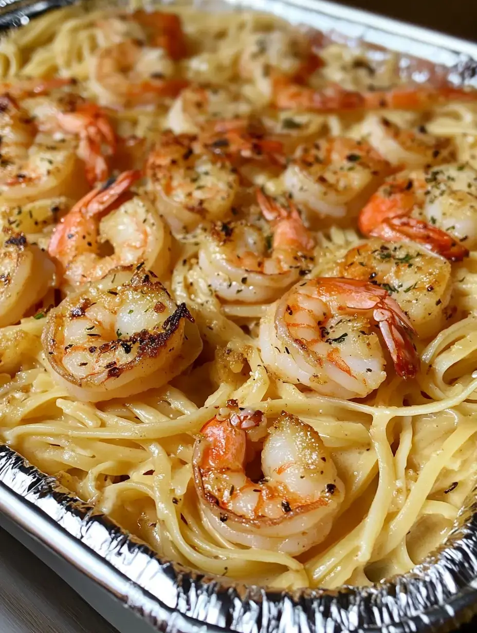 Vue rapprochée de pâtes linguine garnies de crevettes grillées et d'herbes dans un plat en aluminium.