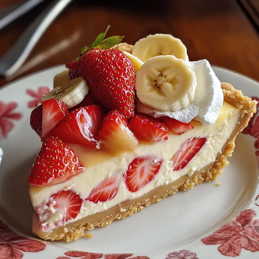Une tranche de tarte crémeuse aux fraises et bananes garnie de fraises fraîches, tranches de banane et crème fouettée, servie sur une assiette décorative.