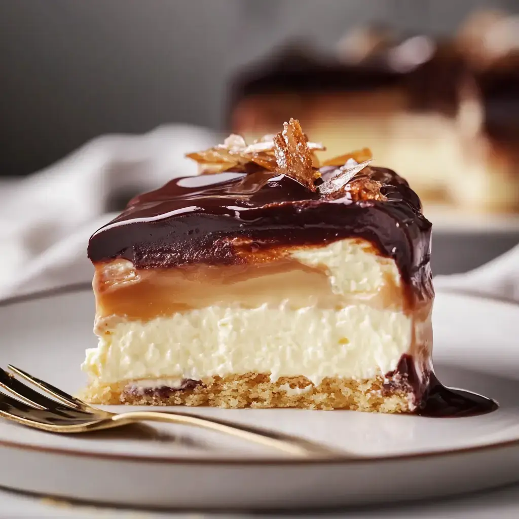 Une part de dessert en couches avec un glaçage au chocolat, du caramel, une garniture crémeuse et une base friable, décorée d'éclats croustillants sur le dessus.