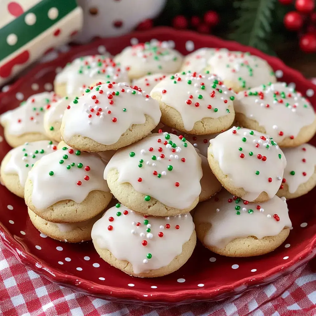 Une assiette rouge remplie de biscuits ronds glacés décorés de vermicelles verts et rouges.
