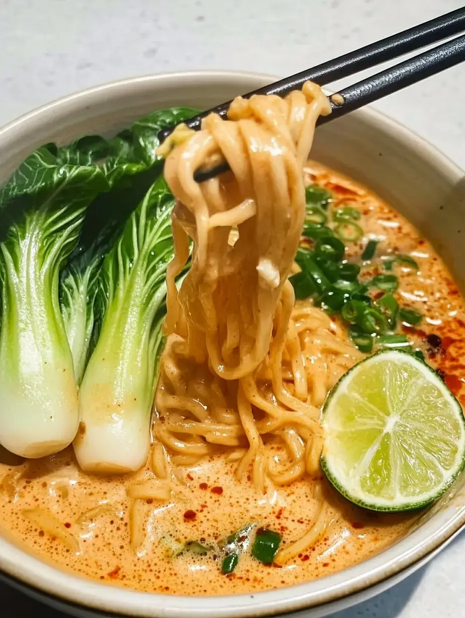 Un bol de ramen dans un bouillon crémeux, garni de pak choï, oignons verts et une tranche de citron vert, avec des baguettes soulevant des nouilles.