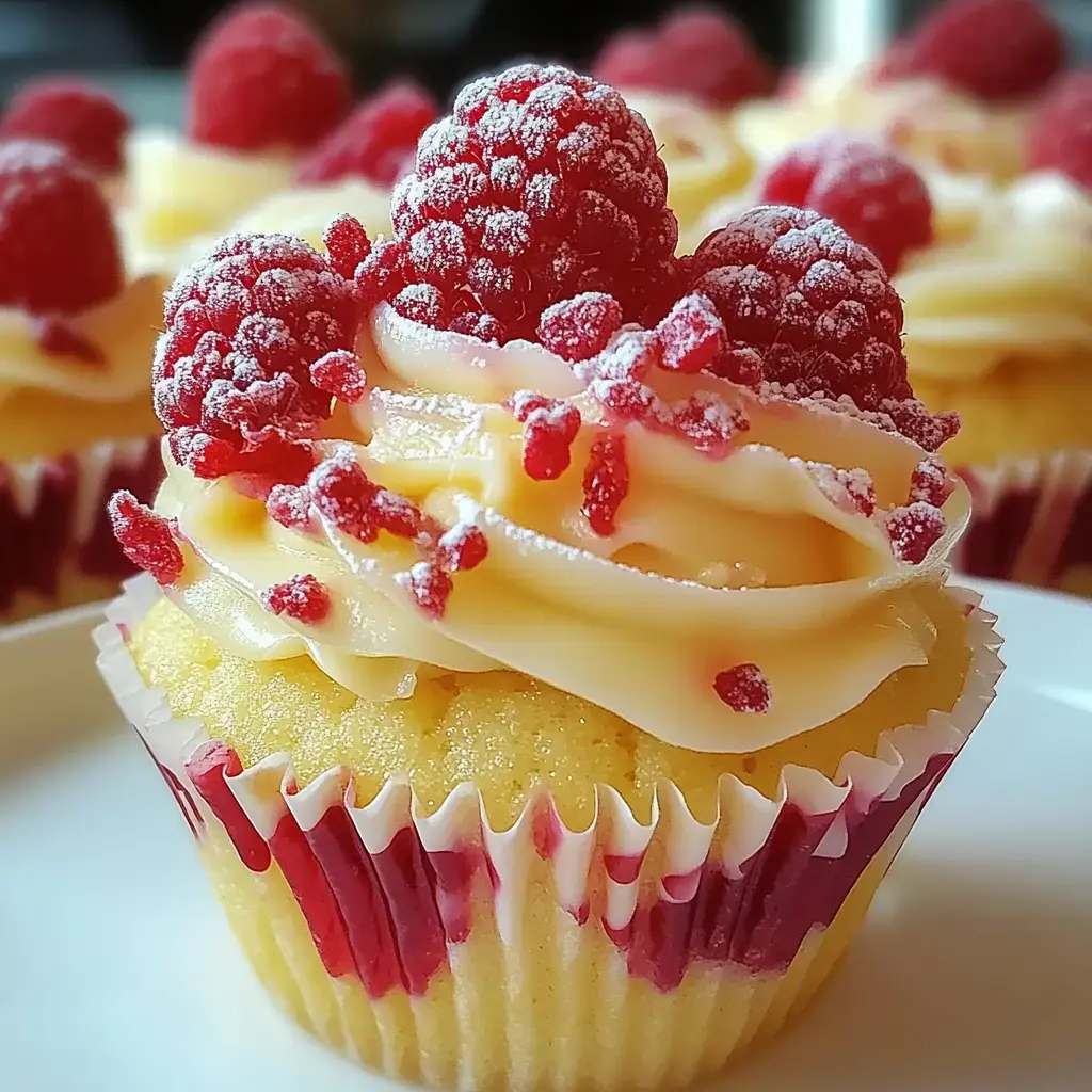 Un gros plan d'un cupcake garni de glaçage crémeux et décoré de framboises fraîches et de framboises écrasées saupoudrées.