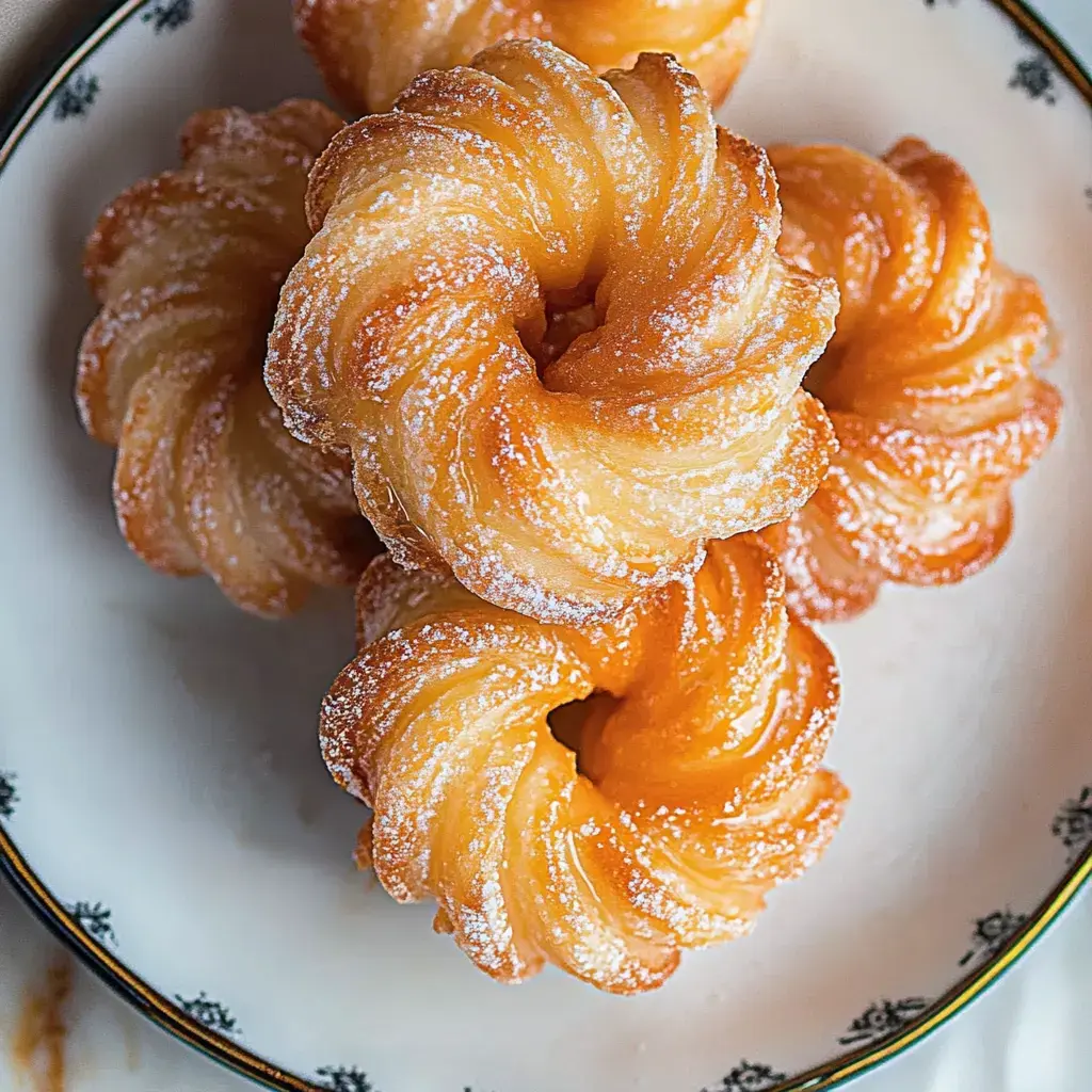 Un gros plan de plusieurs pâtisseries dorées et sucrées disposées sur une assiette décorative.