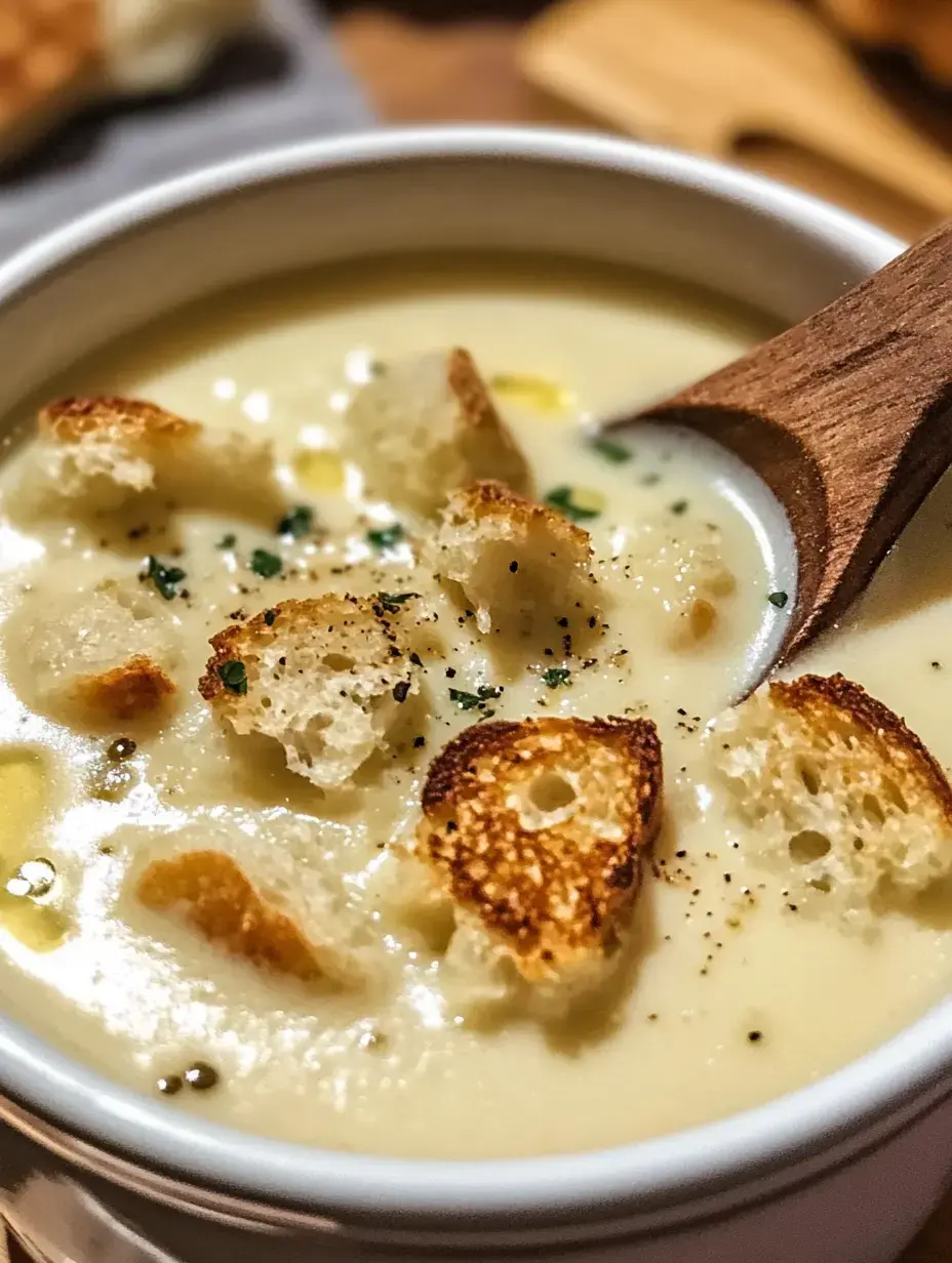 Un gros plan d'une soupe crémeuse garnie de dés de pain grillé et parsemée d'herbes aromatiques.