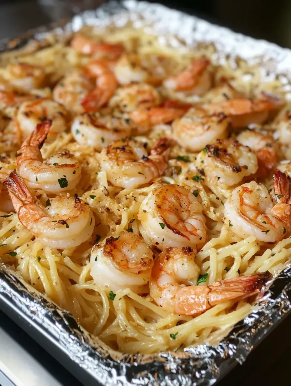 Un plat de spaghetti garni de crevettes sautées et d'herbes fraîches.