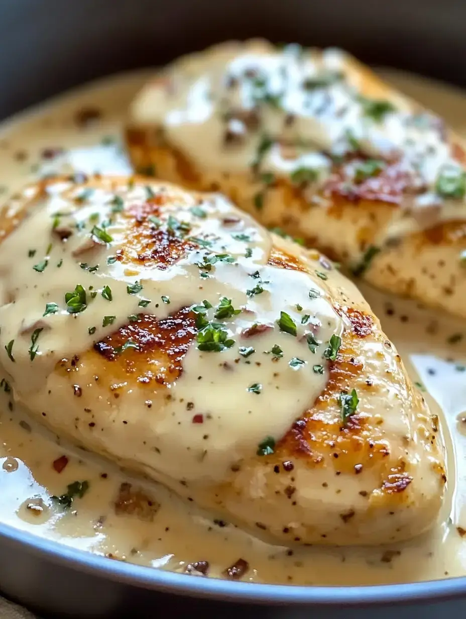 Des blancs de poulet grillés sont servis dans une sauce crémeuse, garnis de persil.