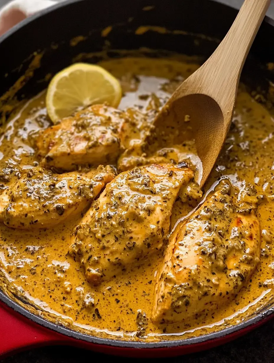 Des blancs de poulet cuits mijotant dans une sauce crémeuse aux herbes avec une tranche de citron par-dessus.